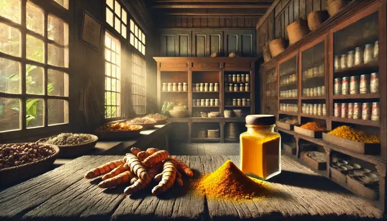 Health benefits of Turmeric, depicted as root and powder in an old market