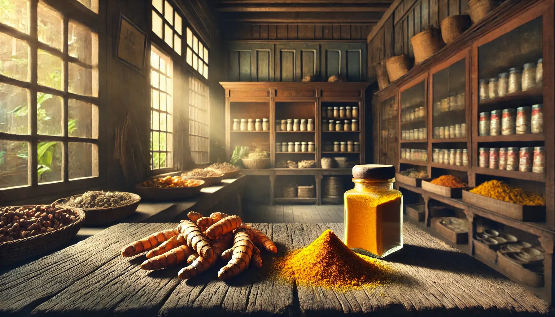 Health benefits of Turmeric, depicted as root and powder in an old market