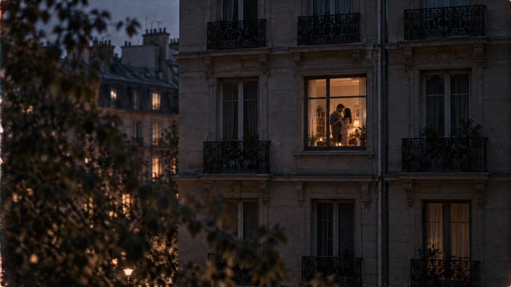 Five love languages illustrated by a couple dancing in a lit apartment window at dusk.