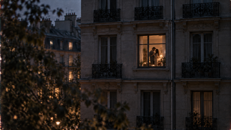 Five love languages illustrated by a couple dancing in a lit apartment window at dusk.