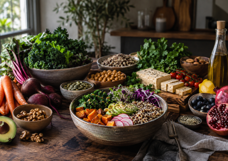 Plant based diet for athletes with tofu, chickpeas, quinoa, leafy greens, vegetables, nuts, seeds, and fruit.