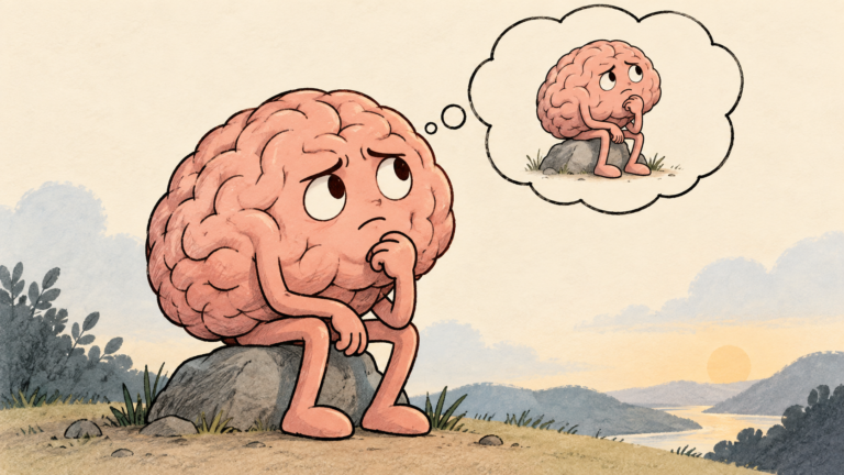 Cartoon illustration of a brain thinking about itself, representing rumination and repetitive thinking.