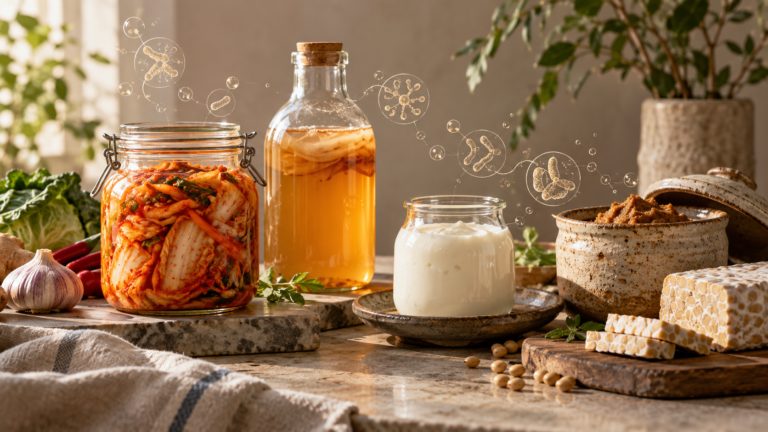 Artistic still life of fermented foods for gut health, including kimchi, yogurt, tempeh, miso, and kombucha, with subtle illustrations of microbes and fermentation activity.