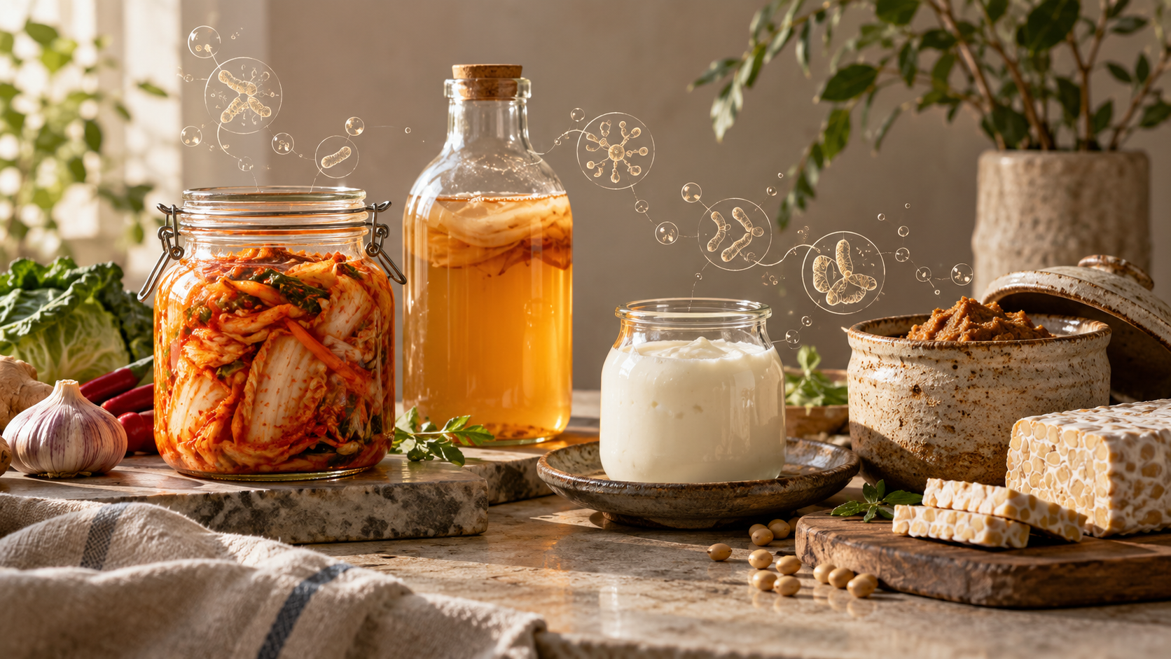 Artistic still life of fermented foods for gut health, including kimchi, yogurt, tempeh, miso, and kombucha, with subtle illustrations of microbes and fermentation activity.
