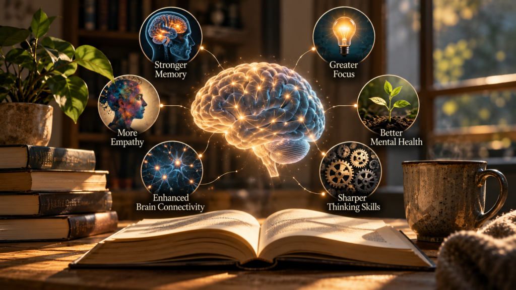 Open book in a warm reading space with a glowing brain illustration, representing the benefits of reading for memory, attention, learning, empathy, and cognitive health.