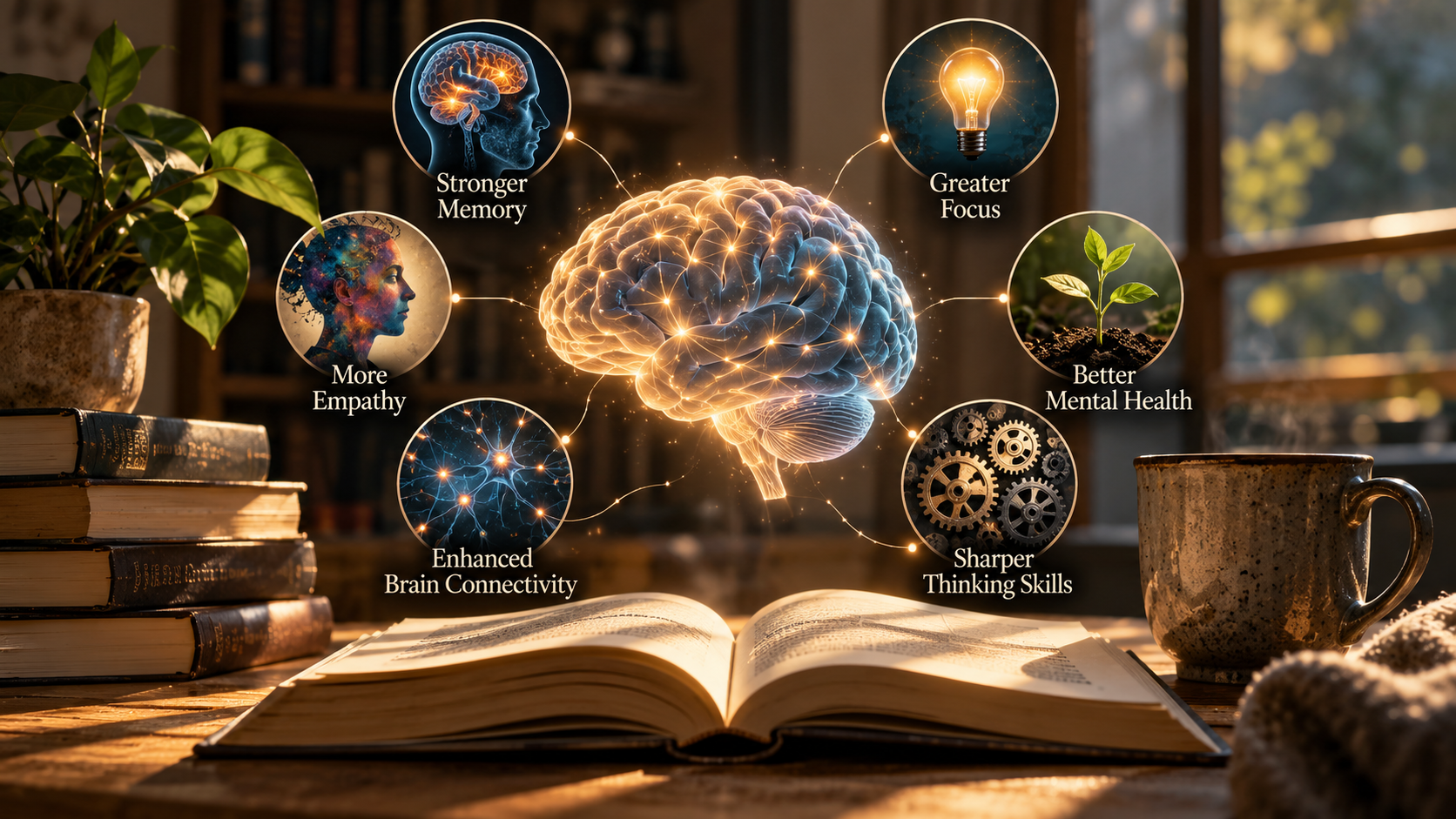 Open book in a warm reading space with a glowing brain illustration, representing the benefits of reading for memory, attention, learning, empathy, and cognitive health.