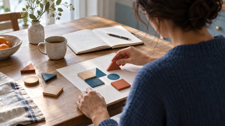 Person rearranging colored wooden shapes during cognitive flexibility exercises.
