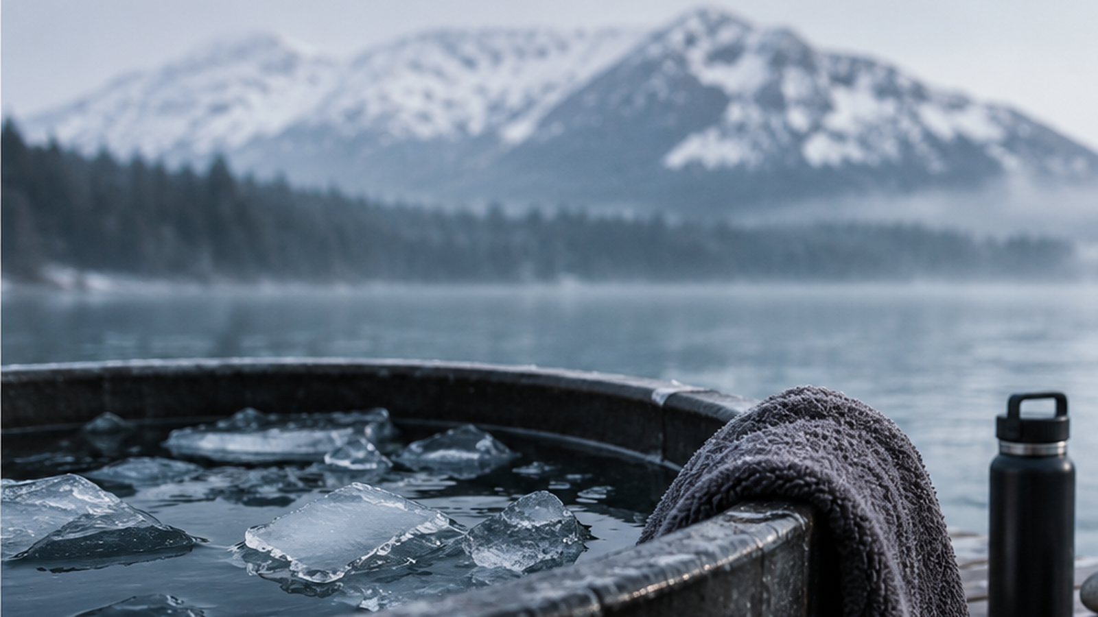 Cold plunge after workout with ice-filled water in an outdoor recovery setting, illustrating cold water immersion for exercise recovery.