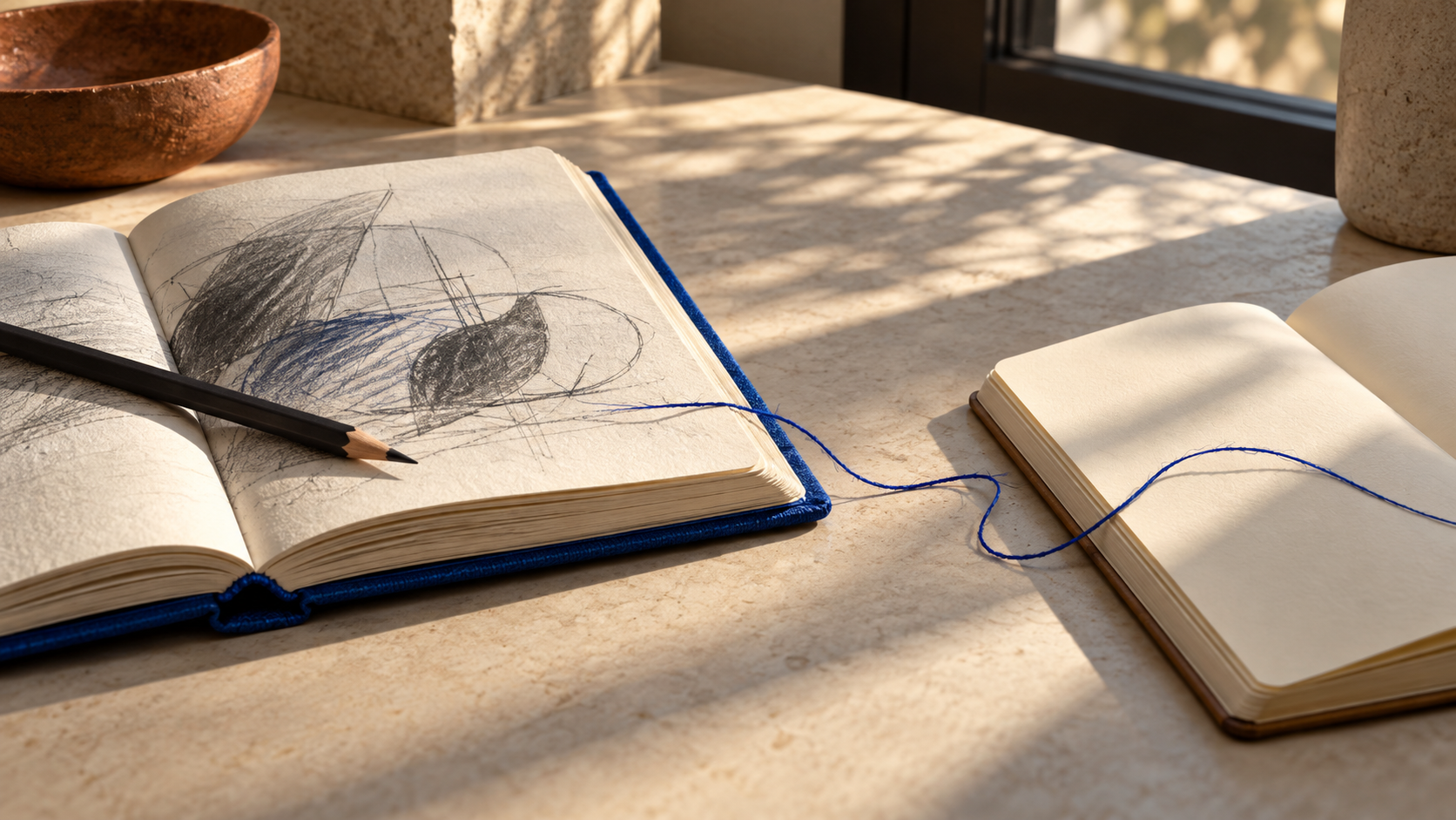 Two notebooks connected by a blue thread, a visual metaphor for attention residue.