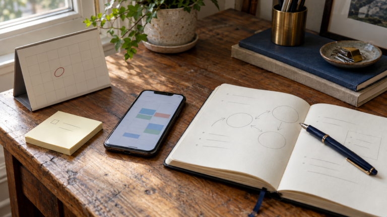 A calendar, smartphone reminders, and an open notebook illustrating cognitive offloading.