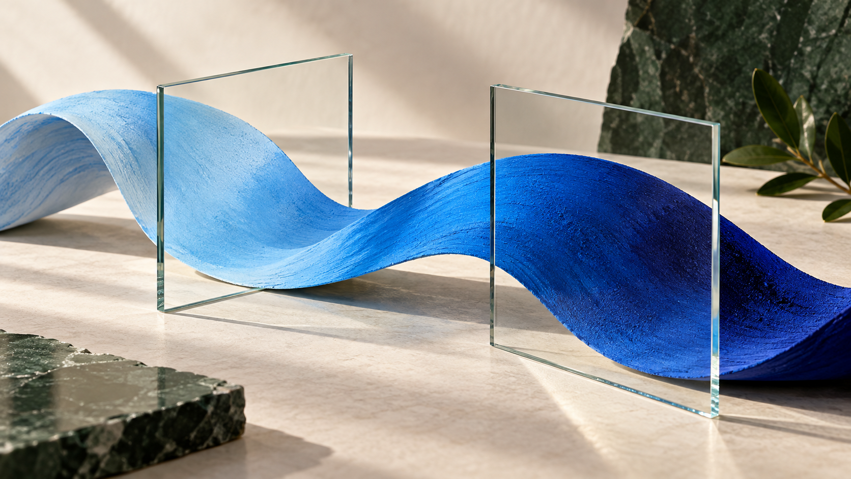 A continuous blue ribbon passes through glass frames, illustrating linguistic relativity and color categories.