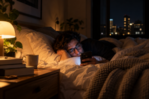 A person scrolling on a phone in bed at night, illustrating revenge bedtime procrastination.