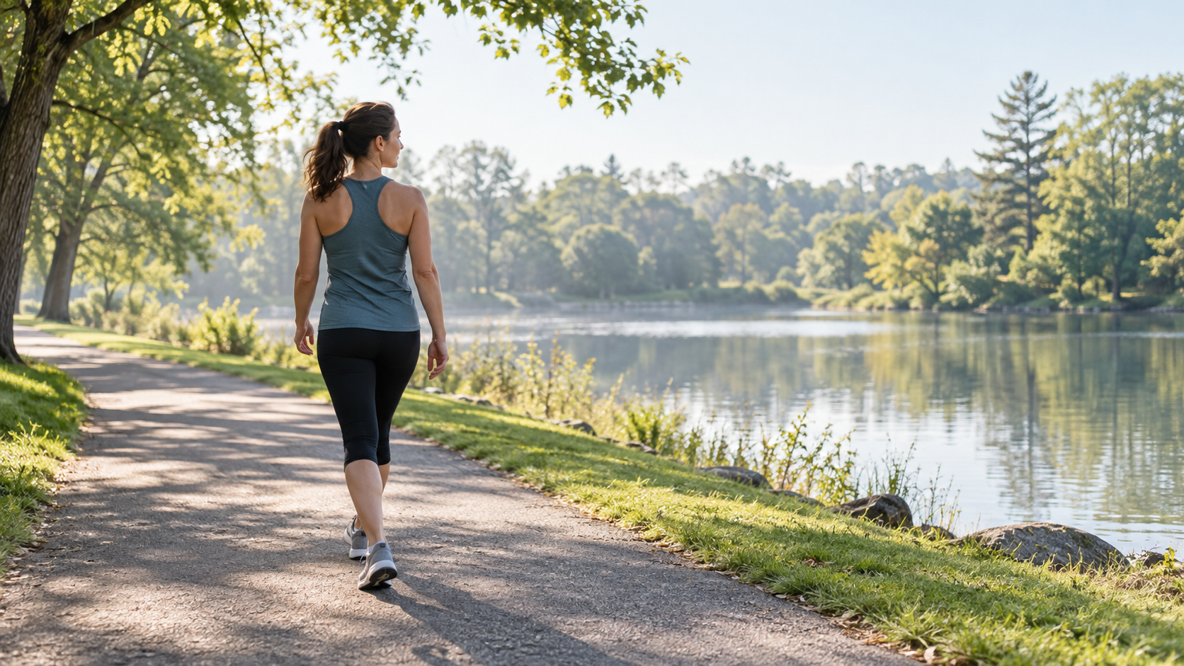 A recreational exerciser walking at an easy pace beside a lake, illustrating active recovery for muscle soreness.