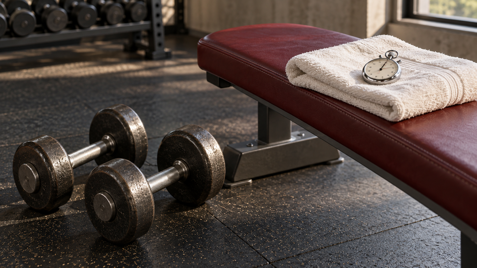 A stopwatch on a burgundy gym bench beside dumbbells, illustrating rest between sets.