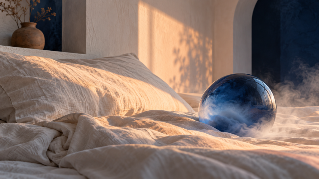 Cobalt glass sphere in mist on sunlit linen, a visual metaphor for sleep inertia.
