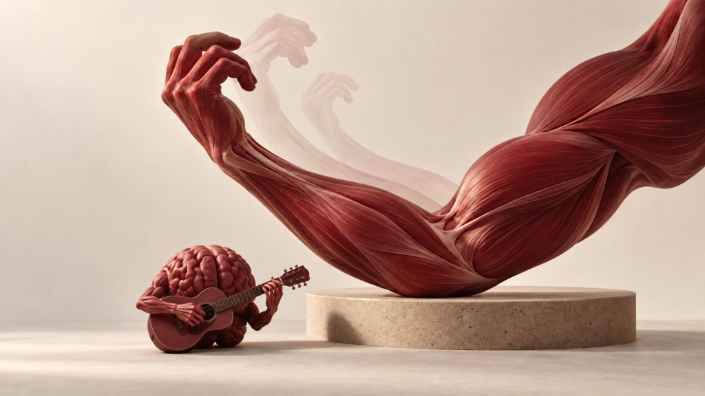 Muscle memory illustrated by a burgundy arm with movement trails and a miniature brain playing guitar.